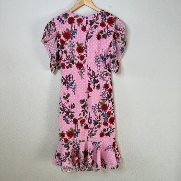Keepsake the Label Pink Floral Ruched Puff Sleeve Ruffle Trim Mini Dress - Picture 6 of 8